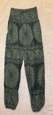 Bangkok Pants One Size Boho Green Mandala Smocked Waist Harem Pants